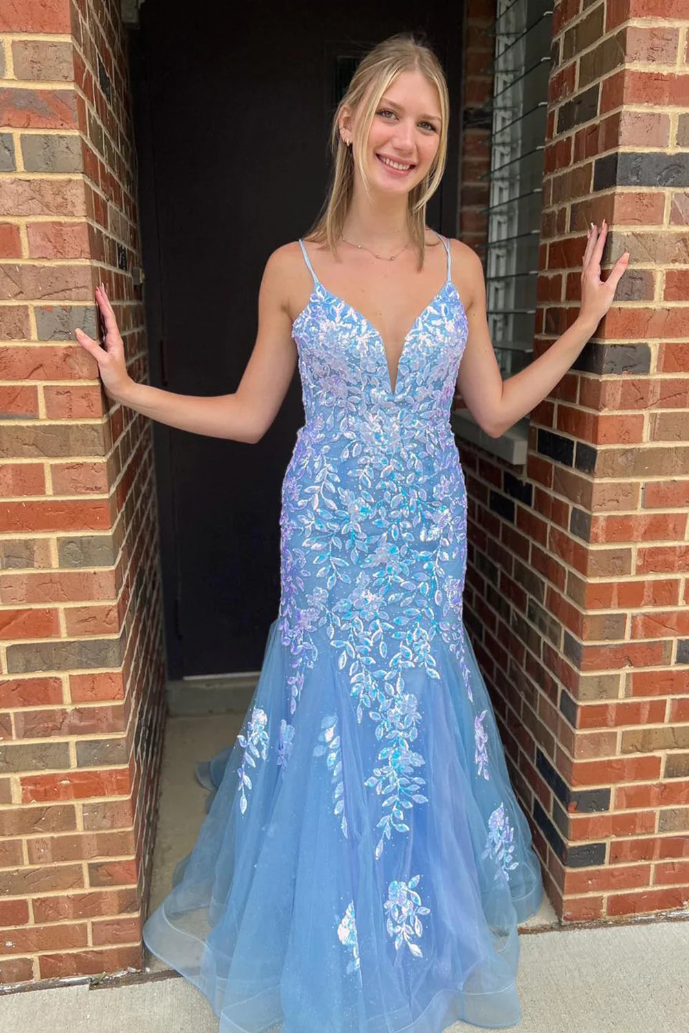 Glitter Blue Mermaid Long Tulle Prom Dress with Lace DM3082711 Dressmeet Glitter Blue Mermaid Long Tulle Prom Dress with Lace DM3082711 Dressmeet