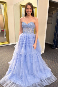 Lavender Sweetheart Ruffle Tiered Tulle Long Prom Dress MD4020803
