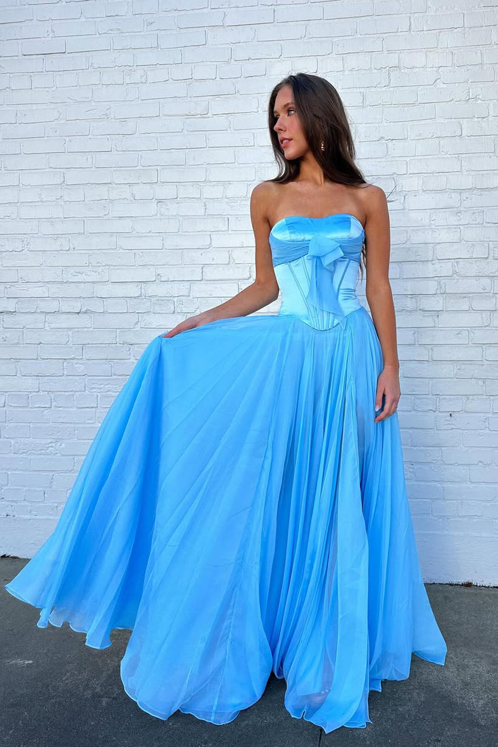 A Line Strapless Blue Chiffon Prom Dress with Bow DM1111408