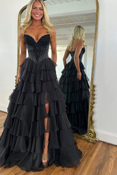 A Line Sweetheart Black Chiffon Tiered Prom Dress with Slit DM15010609