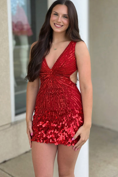 Sparkly Bodycon V Neck Red Sequins Homecoming Dress with Beading DM12070712