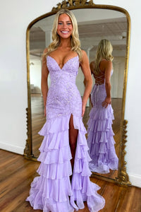 Cute Mermaid V Neck Lavender Tiered Chiffon Prom Dress with Appliques DM25011303