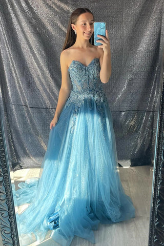 Aqua Strapless Floral Appliques A-line Long Prom Dress MD121306