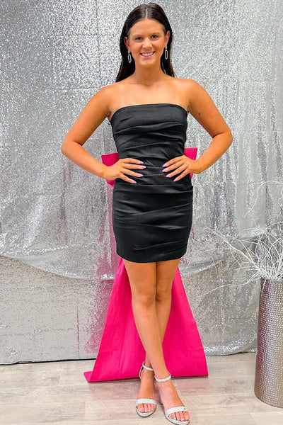 Black Strapless Bow Back Homecoming Dress with Attached Train LD3063009