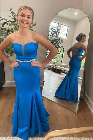 Cobalt Blue Strapless Belted Trumpet Long Prom Dress MD122303