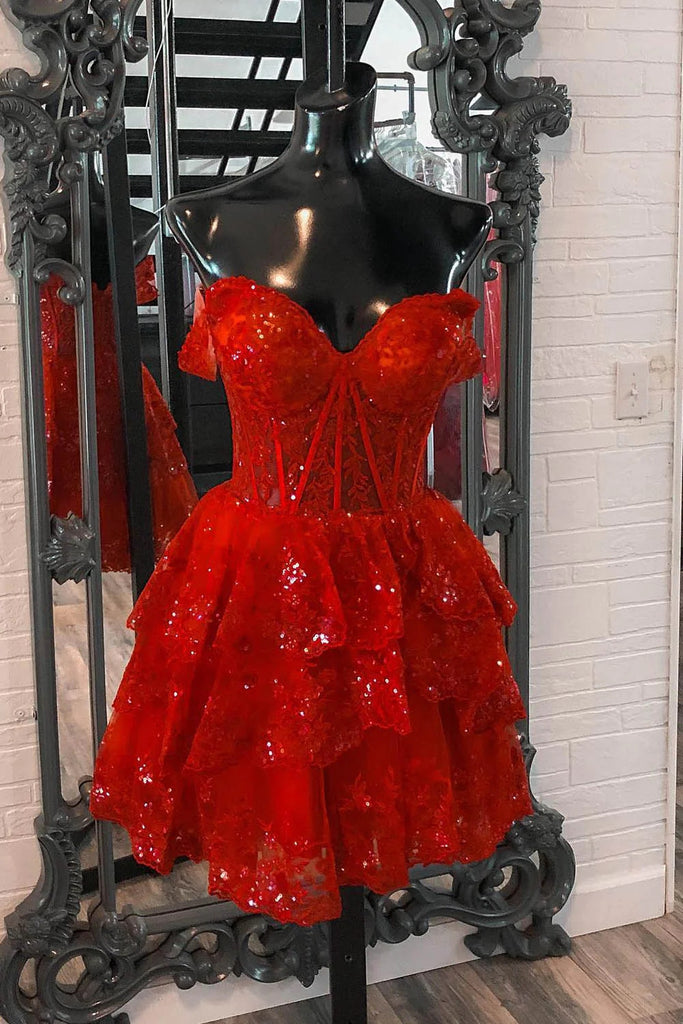 Sparkly Red Corset Tiered Lace A-Line Short Homecoming Dress MD090501 Dressmeet Sparkly Red Corset Tiered Lace A-Line Short Homecoming Dress MD090501 Dressmeet