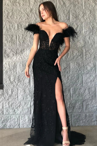 Black Mermaid Lace Long Prom Dress with Feathers MD092310