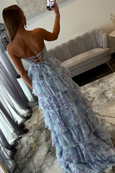 Cute A Line V Neck Blue Chiffon Floral Tiered Prom Dress DM26011506