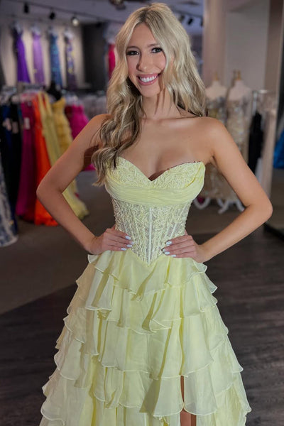 A Line Sweetheart Daffodil Chiffon Tiered Slit Prom Dress with Appliques DM15010404