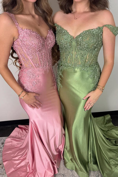 Gorgeous Mermaid Off the Shoulder Blush Satin Prom Dress with Appliques DM1112201