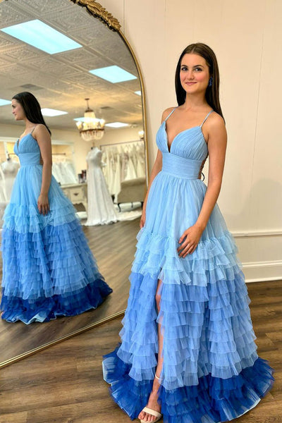 Blue V Neck Ruffle Tulle Long Prom Dress with Slit MD4030904