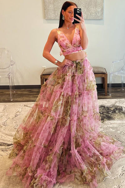 Two Piece V Neck Pink Floral Printed Long Prom Dress MD4031004