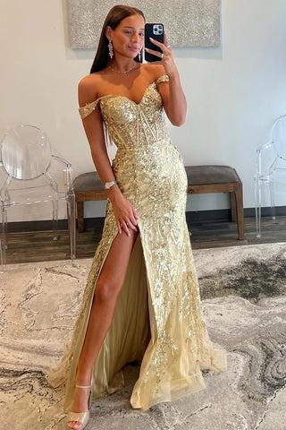 Off-the-Shoulder Gold Sequin Lace Mermaid Long Dress with Slit MD102908