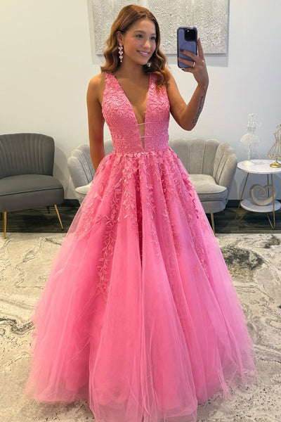 Gorgeous A Line V Neck Pink Tulle Long Prom Dress with Appliques DM52112701