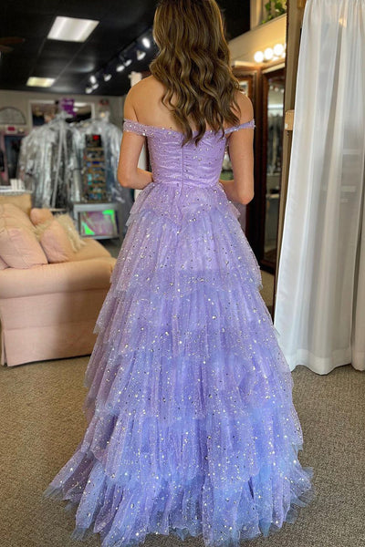 Lavender Off the Shoulder Ruffle Tiered Tulle Long Prom Dress MD4021102