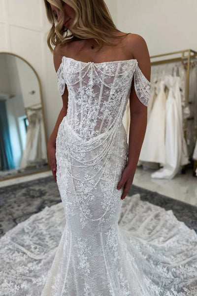 Bohemian Mermaid Scoop Neck Lace Wedding Dress with Peals DM26011710