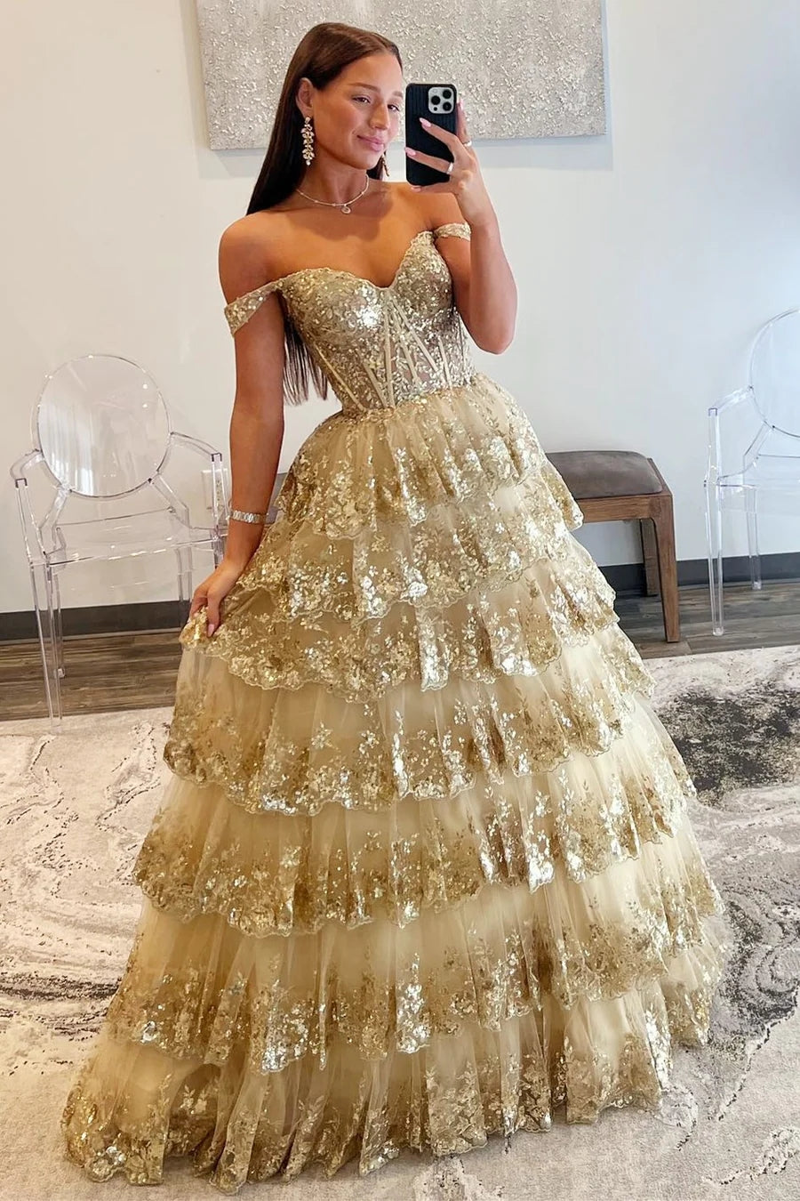 Off-the-Shoulder Gold-Sequin Ruffle Multi-Layer Long Gown MD102909 Dressmeet Off-the-Shoulder Gold-Sequin Ruffle Multi-Layer Long Gown MD102909 Dressmeet