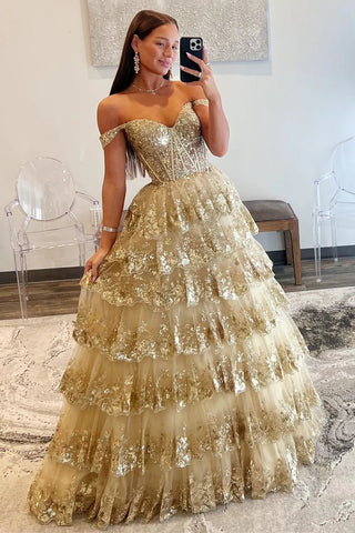Off-the-Shoulder Gold-Sequin Ruffle Multi-Layer Long Gown MD102909