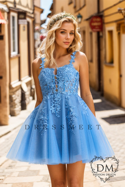 Blue Sweetheart Sparkle Tulle A-Line Short Homecoming Dresses DM24072210