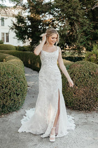 Dazzling Mermaid Square Neck Lace Wedding Dresses with Slit DM4070207