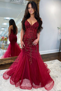 Burgundy Tulle Mermaid Long Prom Dresses with Appliques MD4011905
