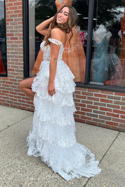 White  Off the Shoulder Sequins Lace Ruffle Tiered Long Prom Dress with Slit MD4032505