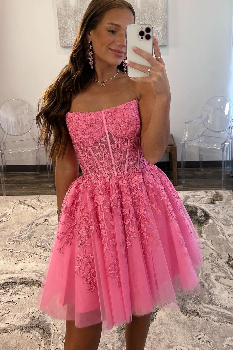 Cute A Line Strapless Hot Pink Tulle Short Homecoming Dress with Appliques MD083005