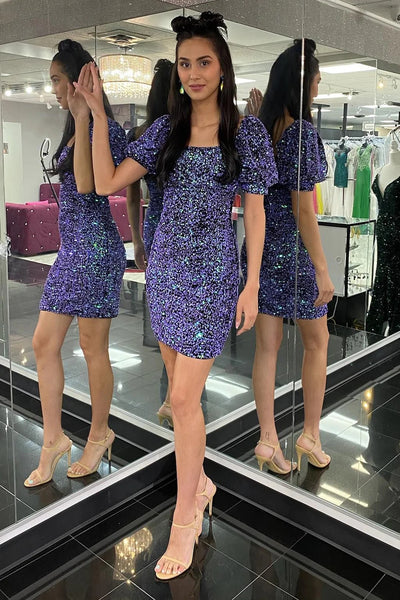 Sparkly Purple Sequins Short Sleeves Tight Homecoming Dress MD091902