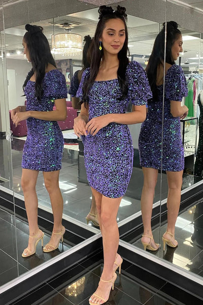 Sparkly Purple Sequins Short Sleeves Tight Homecoming Dress MD091902