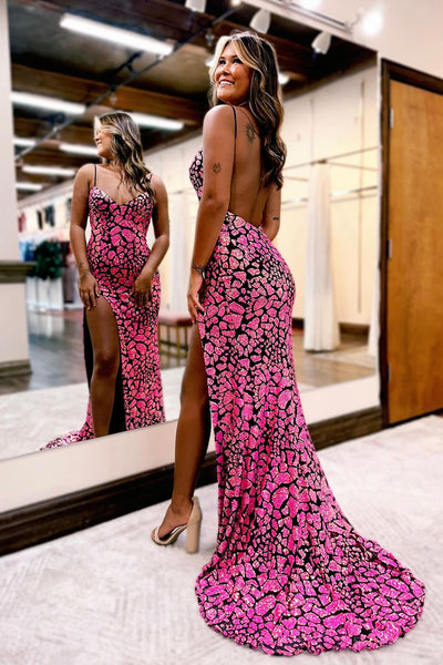 Hot Pink V Neck Mermaid Long Prom Dress with Slit MD120606