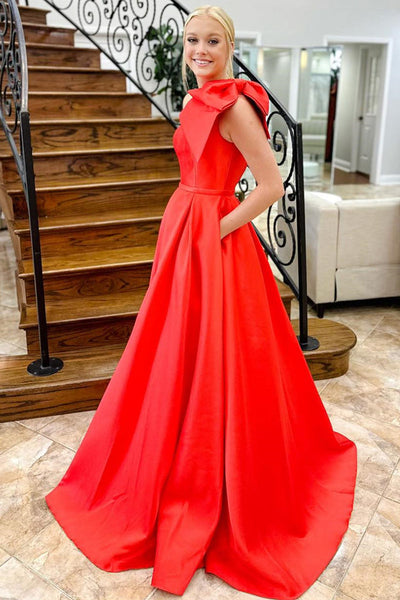Red One Shoulder Bow Tie Satin Prom Dress with Pockets MD112706