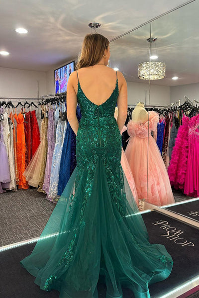 Mermaid V Neck Green Sequins Lace Long Prom Dress MD4030902