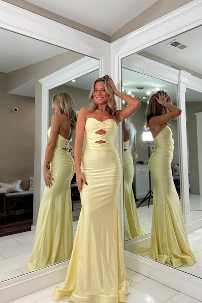 Cute Mermaid Sweetheart Keyhole Daffodil Stretch Satin Prom Dress with Slit DM1111804
