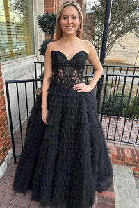 Black Tiered Tulle Sweetheart A-Line Long Prom Dress MD112407
