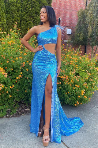 Sparkly Mermaid One Shoulder Blue Sequins Long Prom Dress with Feather MD4011302