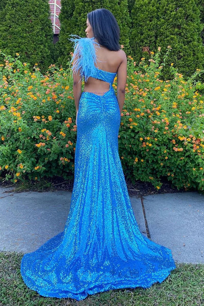 Sparkly Mermaid One Shoulder Blue Sequins Long Prom Dress with Feather MD4011302