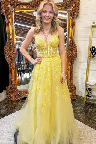 Yellow Floral Spaghetti Straps A-line Long Prom Dress MD121307