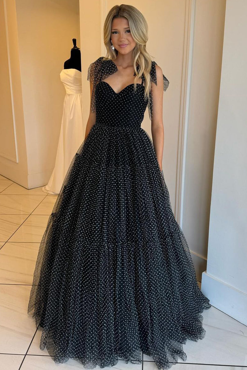 Polka Dot Sweetheart Ruffle Tulle Long Prom Dresses