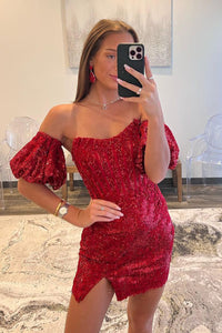 Cute Bodycon Strapless Red Sequins Short Homecoming Dresses MD0802803