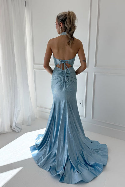 Charming Mermaid High Neck Light Blue Prom Dress with Rhinestones DM1110207