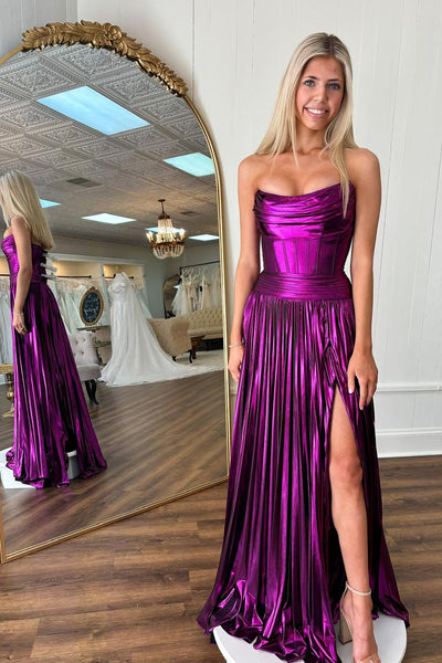 A-Line Strapless Long Pleated Prom Dresses with Slit MD4010804