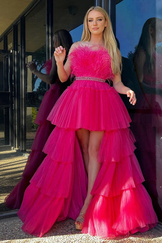 High-Low Hot Pink Strapless Feathers Prom Dress MD102903