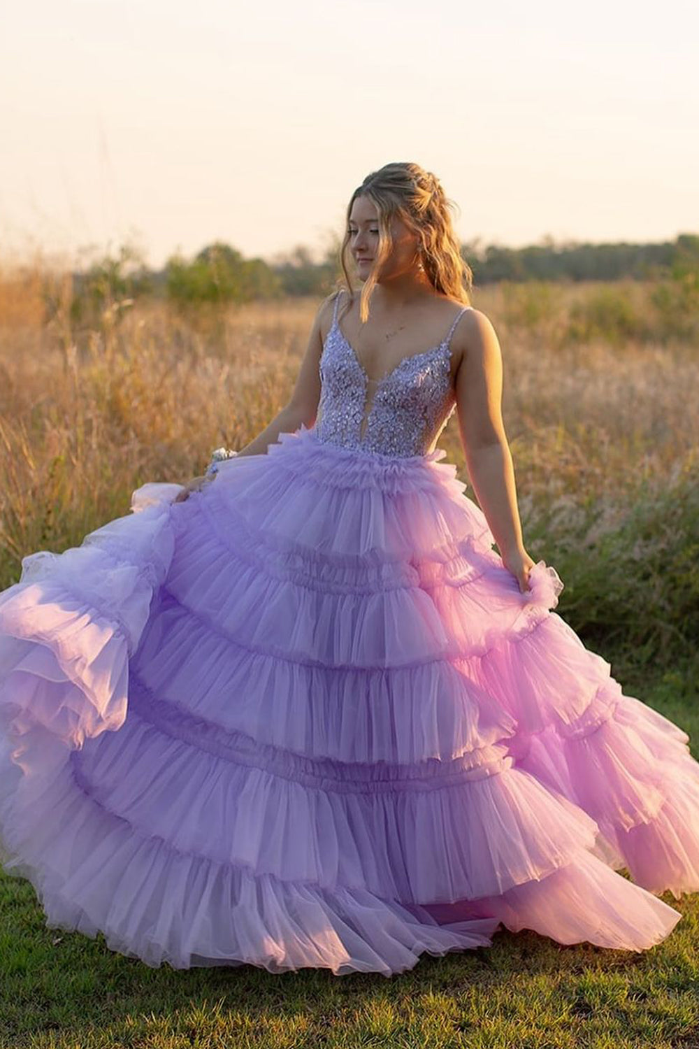 Cute Fairy V Neck Light Purple Tiered Tulle Prom Dresses with Appliques VL24102902