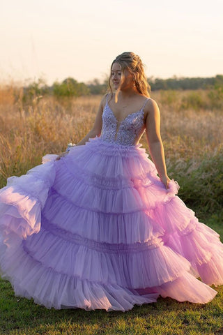 Cute Fairy V Neck Light Purple Tiered Tulle Prom Dresses with Appliques VL24102902