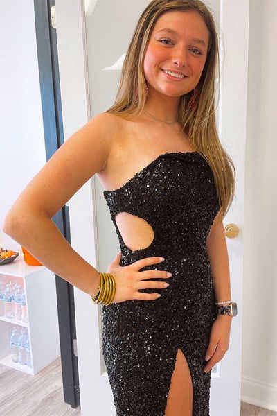 Black One Shoulder Cap Sleeve Sequined Long Party Dress MD121801