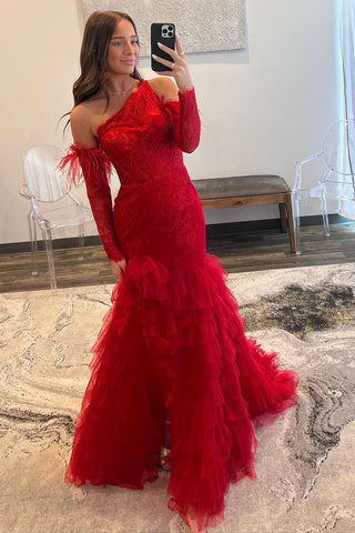 Red Lace One-Shoulder Tiered Mermaid Long Prom Dress MD092410