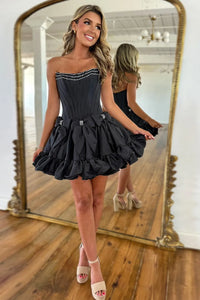 A-Line Strapless Black Satin Short Homecoming Dresses with Bow DM24071905