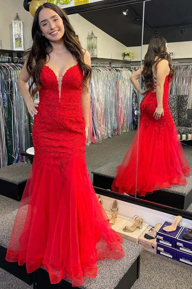 Red Appliques Plunge V Lace-Up Trumpet Long Gown MD122904