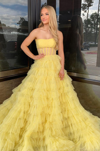 A-Line Yellow Strapless Ruffle Tiered Long Prom Dresses MD4030604