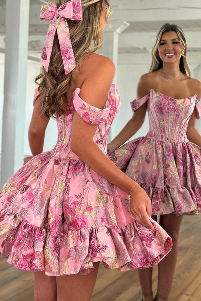 A Line Off the Shoulder Pink Jacquard Satin Short Homecoming Dress DM12060901